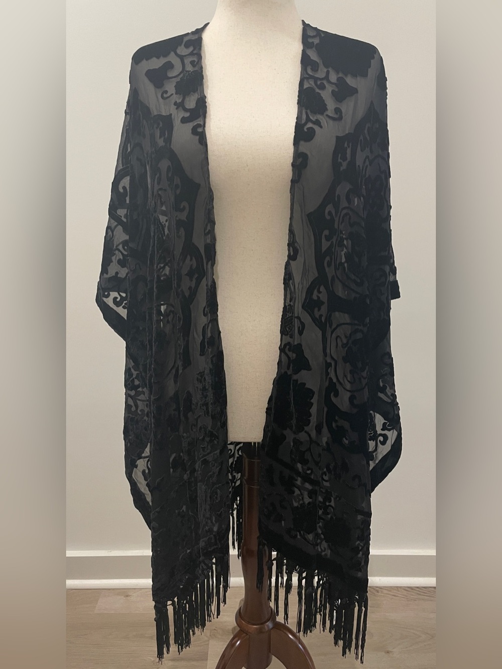 Mossimo Supply Co. Black Sheer Burnout Velvet Fringe Kimono